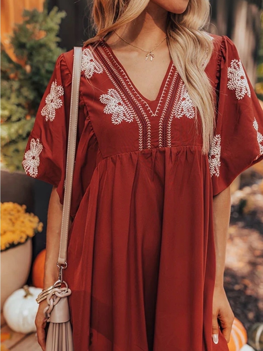 Rust Red Embroidered V-Neck Boho Dress #1320